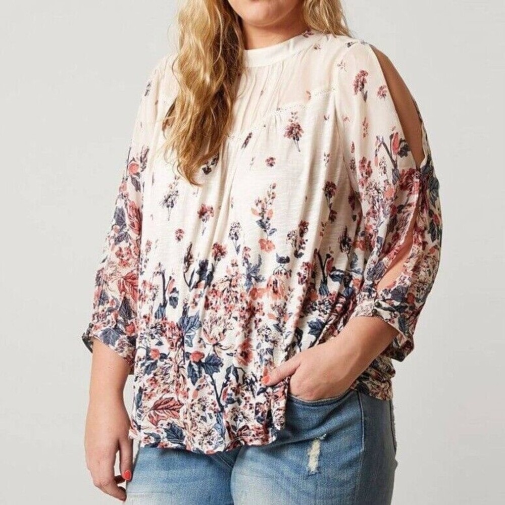 Lucky Brand Cream Floral Print Top Blouse Women's Pullover Smocked Neck Size L